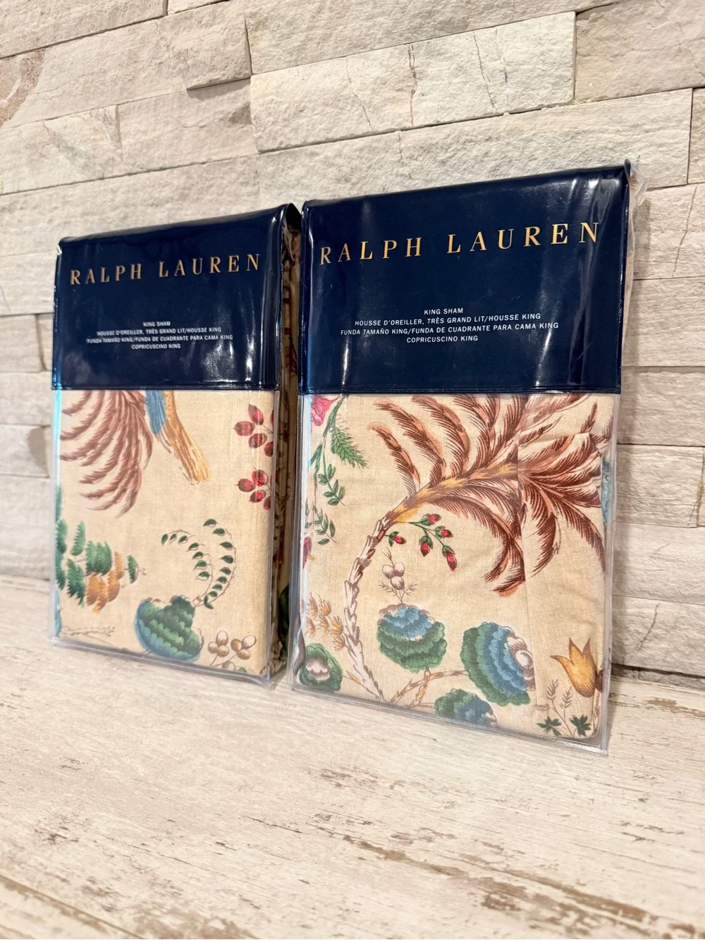 RALPH LAUREN Maren Set Of 2 King Cotton Pillow Shams Natural Tropical Print $370